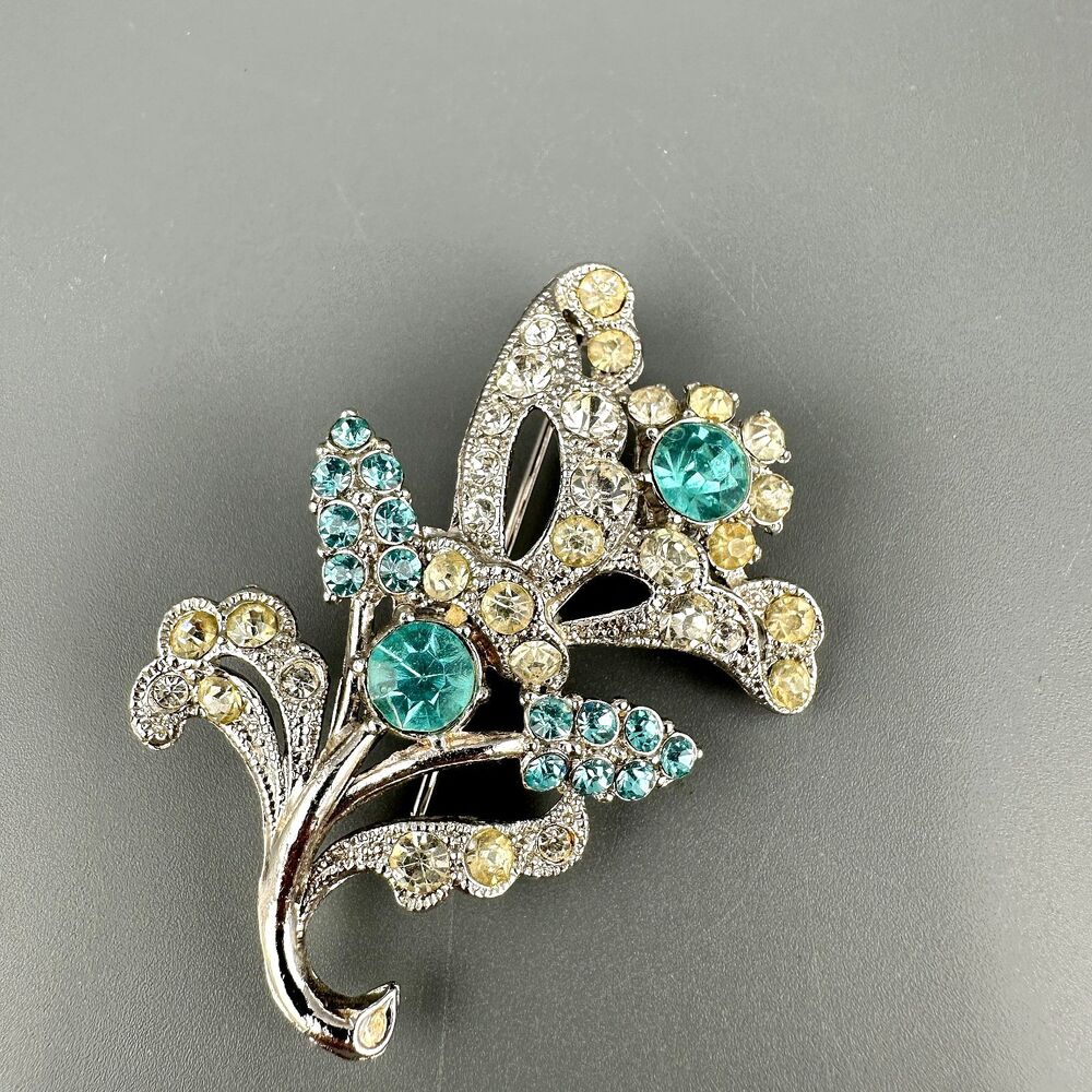 Vintage Rhinestone Brooch Blue Flower Silver Tone Floral Spray Paste Stones 2"